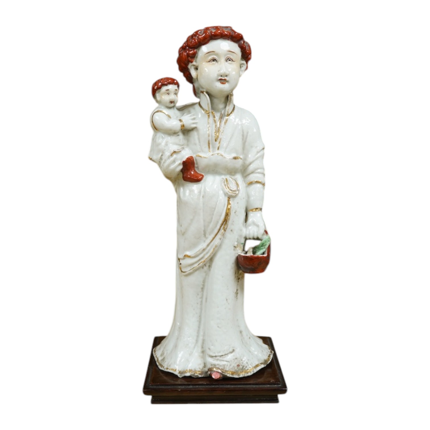 A Chinese porcelain group, mother and child on stand, Republic period, 29cm high. Condition - the collar of the garment and contents of basket both broken.